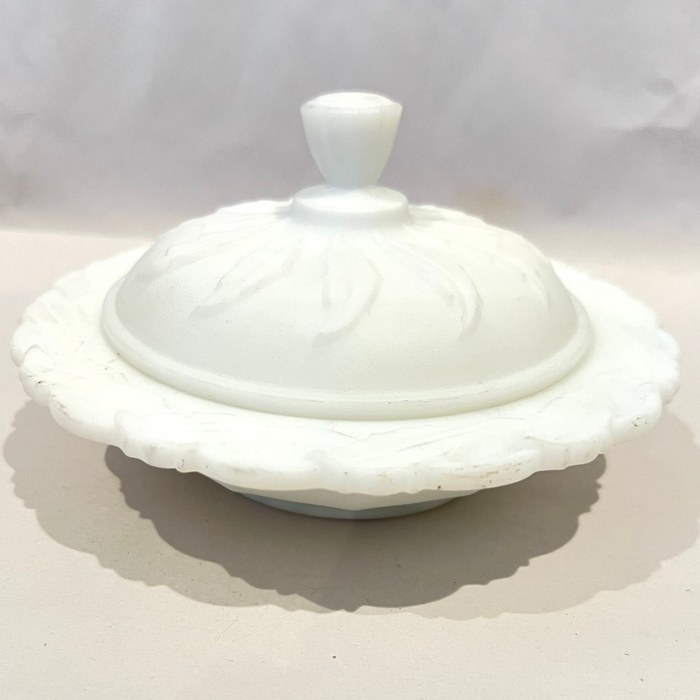 Vintage Satin Milk Glass Lidded Candy / Butter Dish Leaf Pattern Scalloped 6.5"